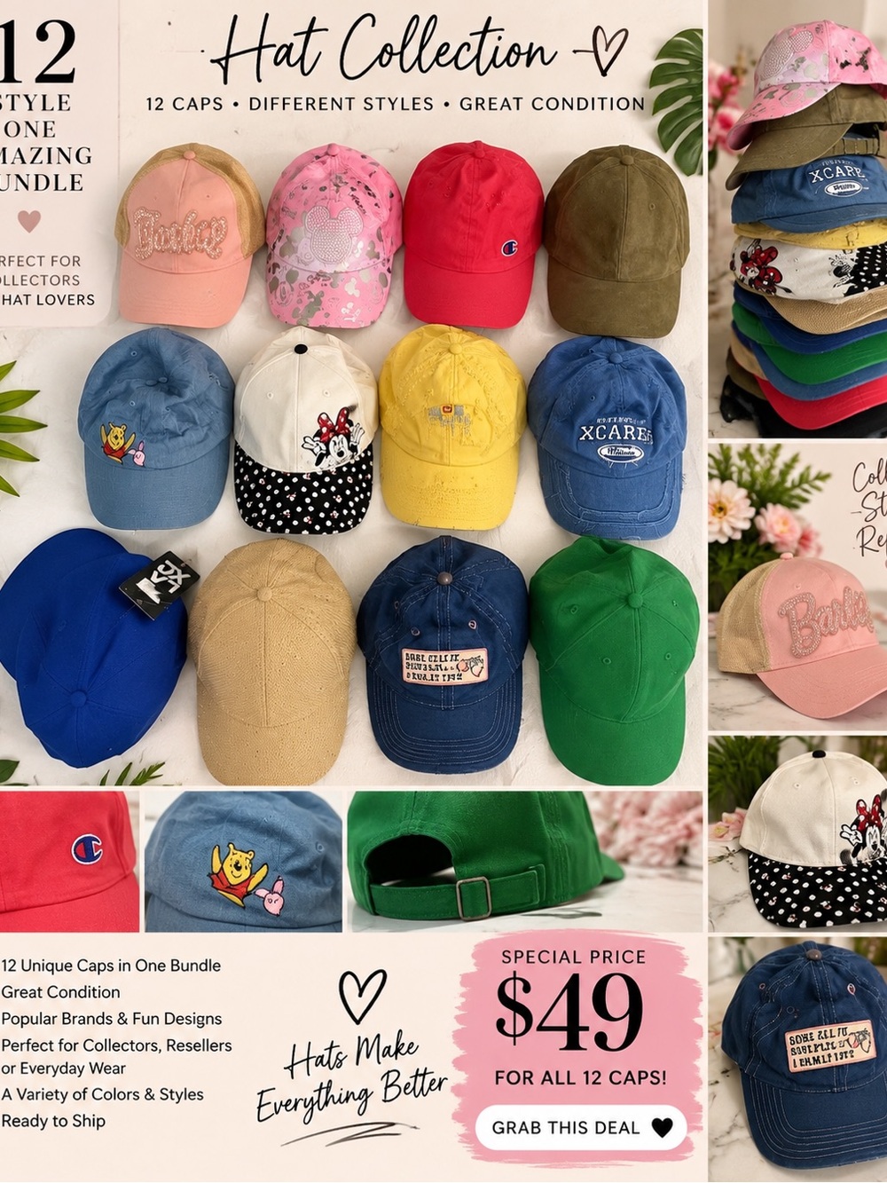 12 Hat Bundle Fossil Juicy Couture Champion Disney Xcaret Gold Caps etc.